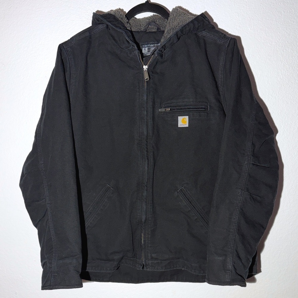 Carhartt Womens Washed Duck Sierra Jacket Black Sherpa Lined OJ4392-W XL Loose